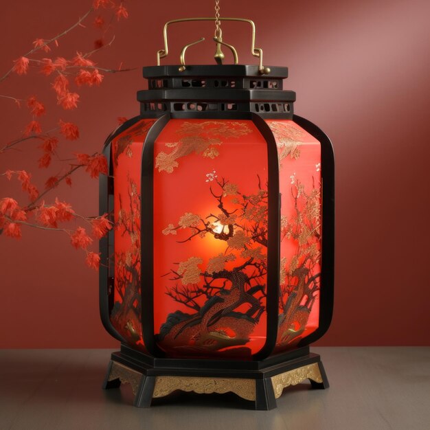 A red and gold lantern with a tree branch in the corner.