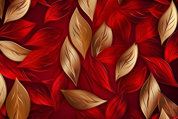 Red and gold leaves on a red background.