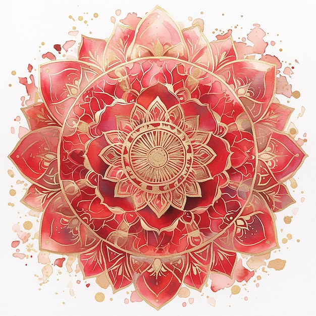 A red and gold mandala flower with a gold center