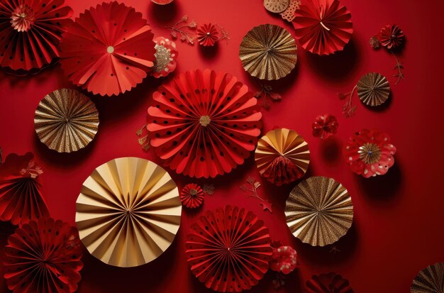 Red and gold paper decorations placed against a red background