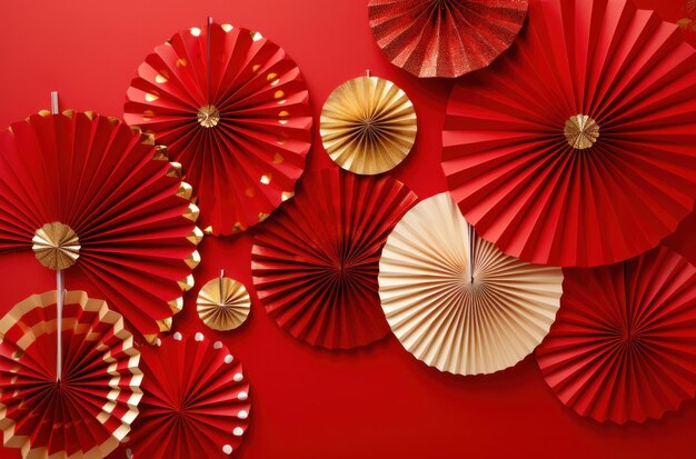 Red and gold paper decorations placed against a red background