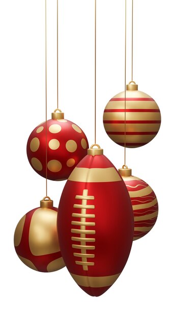 Red and Gold rugby Hanging Christmas Balls 3d render illustration isolated on white background