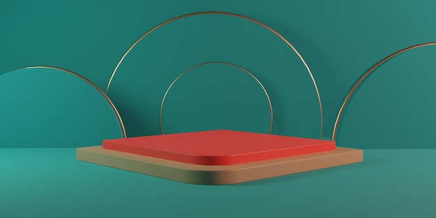 緑のパステルカラーの部屋に円筒形の赤い金の正方形の表彰台