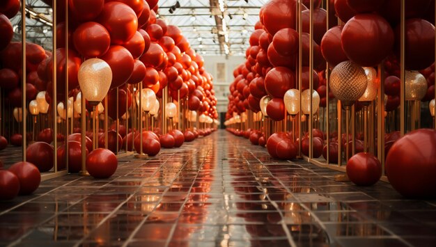 A red and gold square room filled with mirrors and white balloons