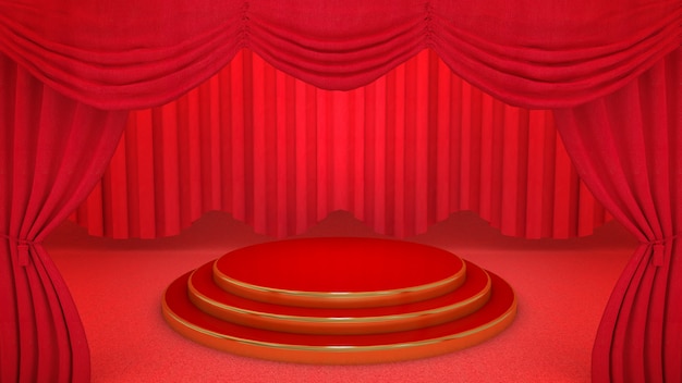 Red and gold Stage on red theatre curtain background, 3D rendering.