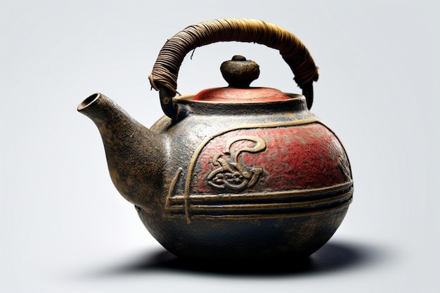 a red and gold teapot with a black handle.