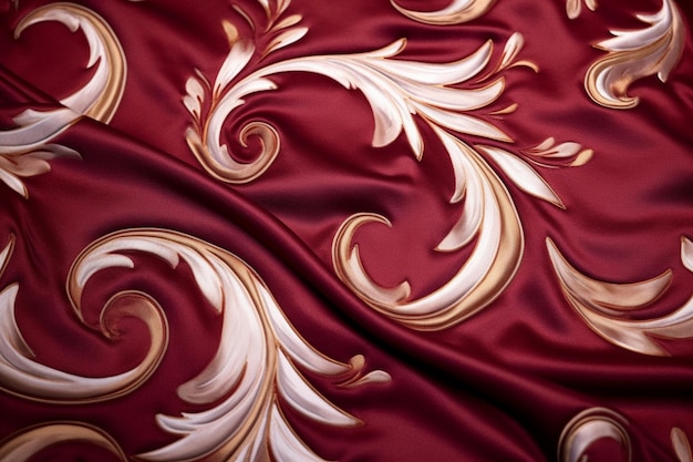 A red and gold velvet fabric with a floral design.