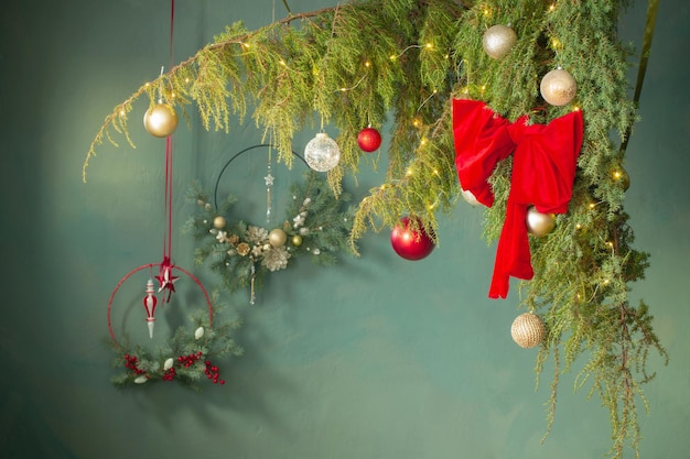 Red and golden christmas decor on dark background