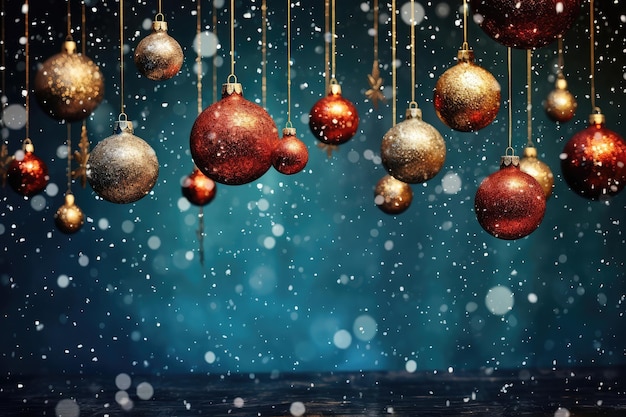 Red and golden Christmas tree toy balls hanging on festive dark blue bokeh background with sparkle