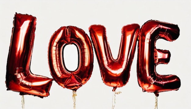 Красное золотое слово "Любовь", сделанное из надуваемых воздушных шаров, изолированных на белом фоне.
