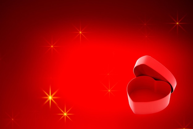 Red gradient background with stars and decorative heart-shaped box