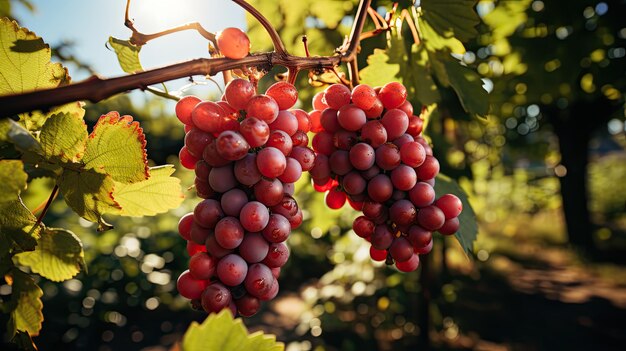 Гроздь красного винограда с зелеными листьями на белом фоне