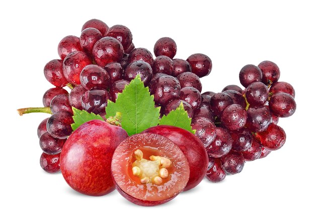 Red grape and water drop with leaf isolated on white background . grape clipping path