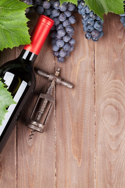 Red grape wine bottle and vintage corkscrew