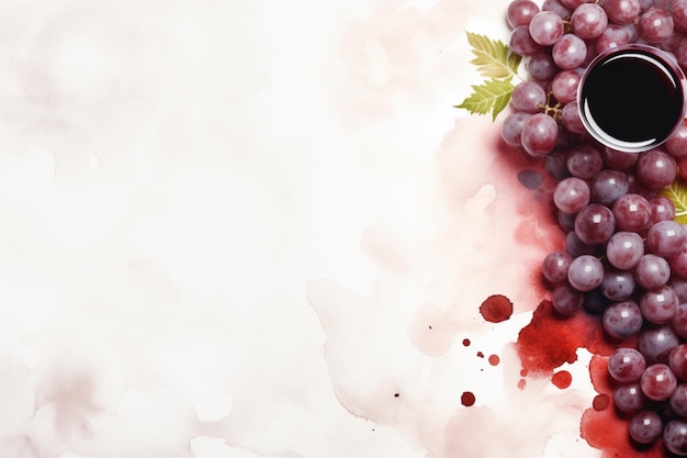 Red grapes and spilled wine watercolour background minimalistic top view copy space AI generated