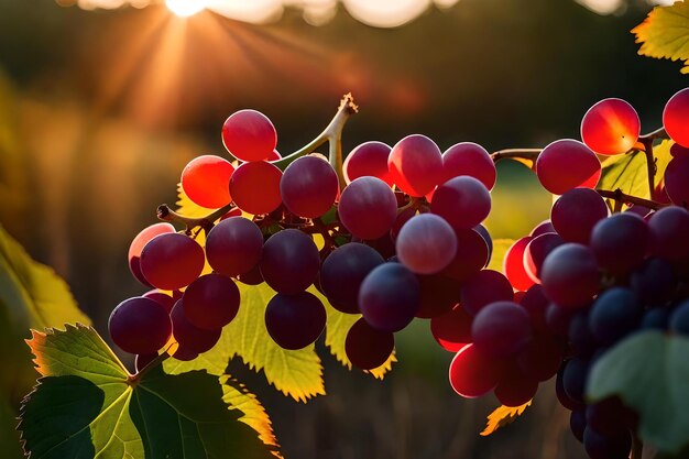 Red grapes on a vine with the sun behind them