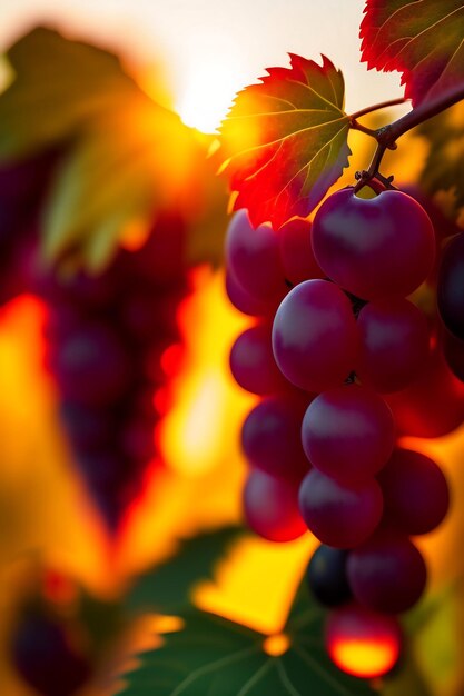 Red grapes in vineyard on the vine golden hour closeup