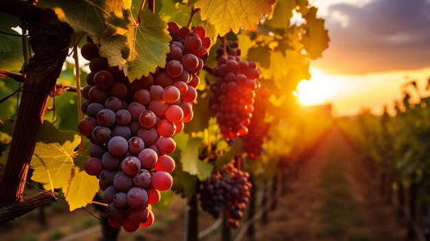 red grapes with leaves on the vine at sunset