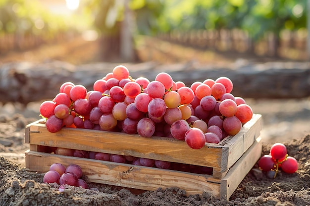 red grapes in a wooden box on dirt ground with a blurred background of a farm and sunlight