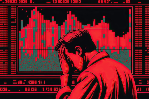 Red graphic illustration of situation business stock market crash down regression and people are sad and upset