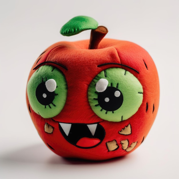 A red and green apple with green eyes and a green nose.