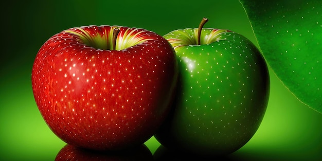 Photo red and green apples closeup on a green background