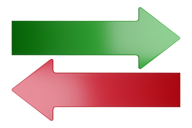 Photo red and green arrows directed in different directions isolated on a white background 3d rendering