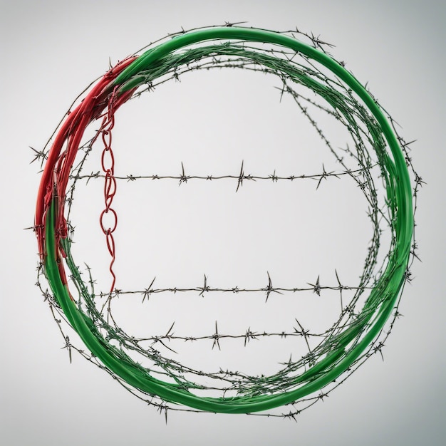 Photo red and green barbed wire fencing on a white background