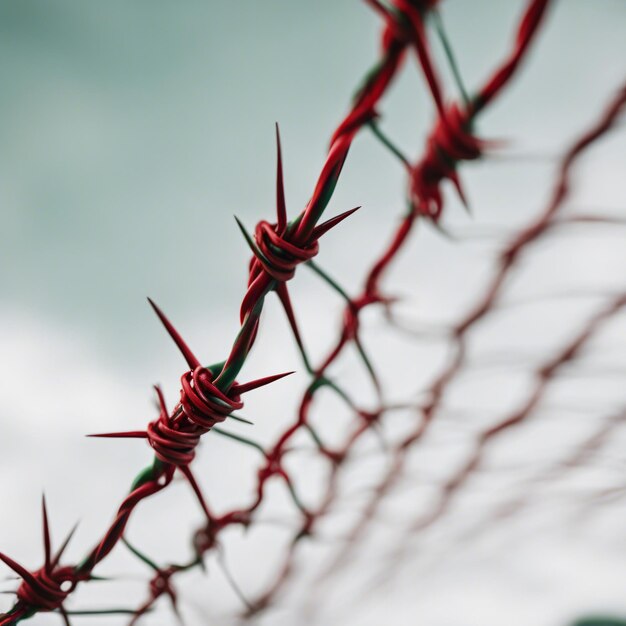 Foto recinzione di filo spinato rosso e verde su uno sfondo bianco