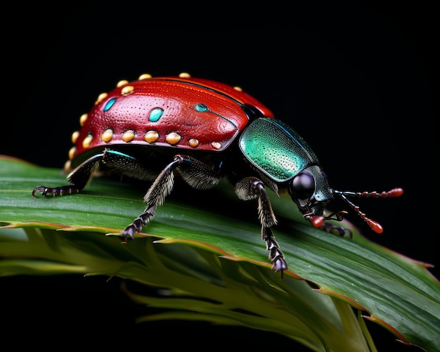 a red and green beetle sitting on top of a green leaf