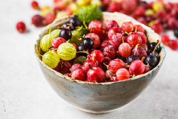 Red, green and black gooseberries in a bowl on gray 