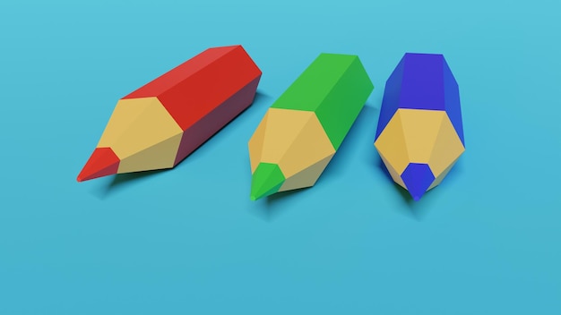 Red green and blue colored pencils Low poly 3d illustration