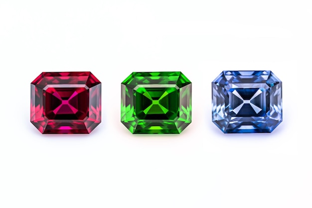 Red green and blue gemstones on white background