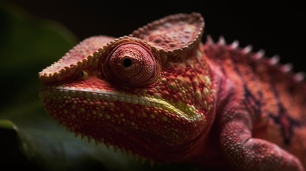 A red and green chameleon with a green head and red eyes.