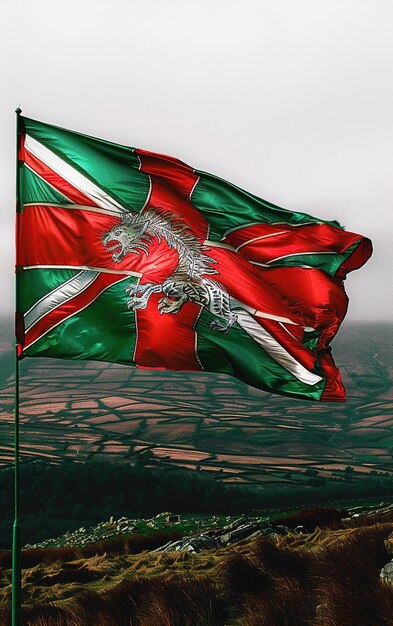 a red and green flag with a red and white design on it