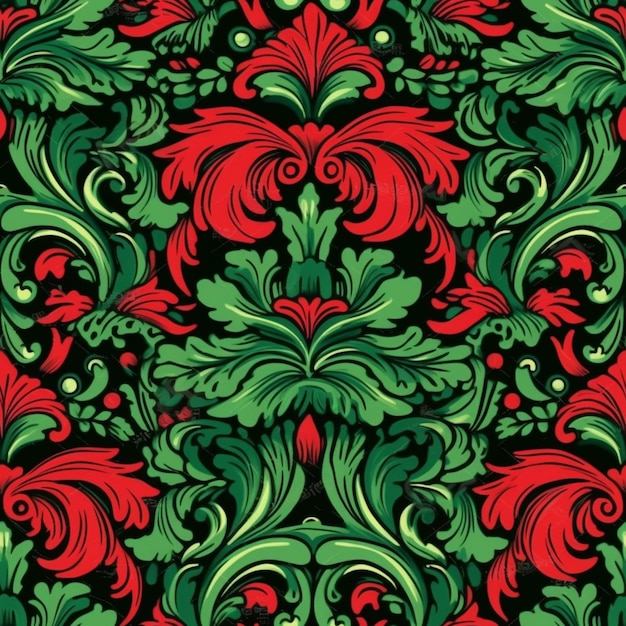 A red and green floral pattern on a black background generative ai