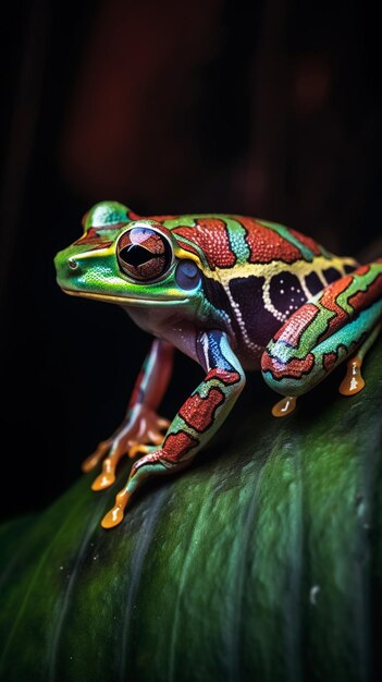 A red and green frog sits on a leaf.