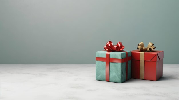 Red and green gift on a gray background with space for text