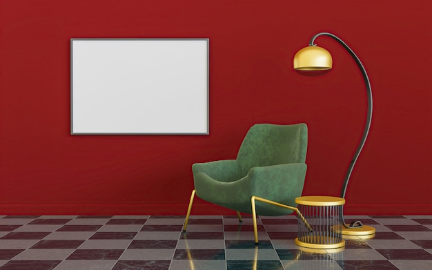 Red, green and gold minimalist interior with lamp, sofa and mock-up of a canvas