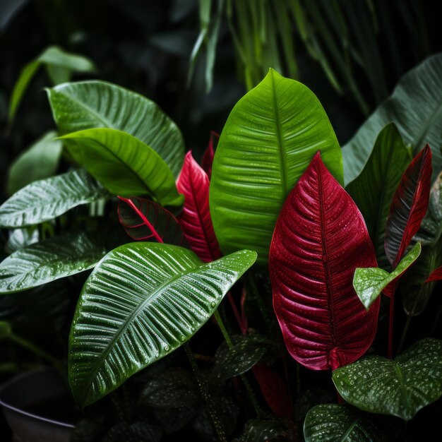 Photo red and green leaves in a pot on a dark background