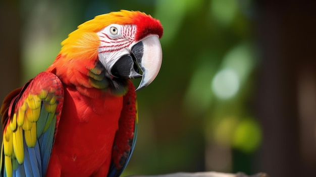 A red and green macaw sits on a branch.