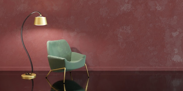 Красно-зеленый минималистичный дизайн интерьера с золотыми деталями, лампой и диваном.