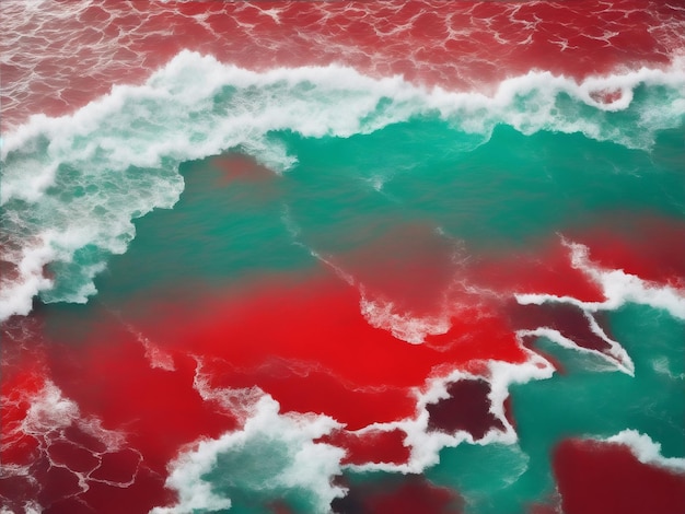 A red and green ocean with a white wave breaking in the middle.