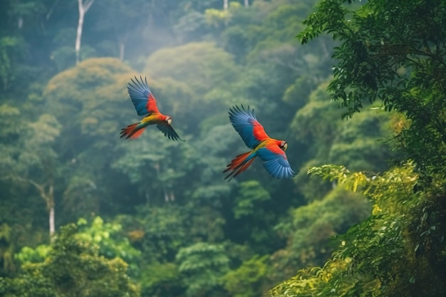 a red and green parrot flying through the air