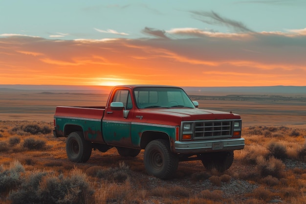 Foto un pick-up rosso e verde parcheggiato in cima a una collina che si affaccia su un paesaggio desertico al tramonto