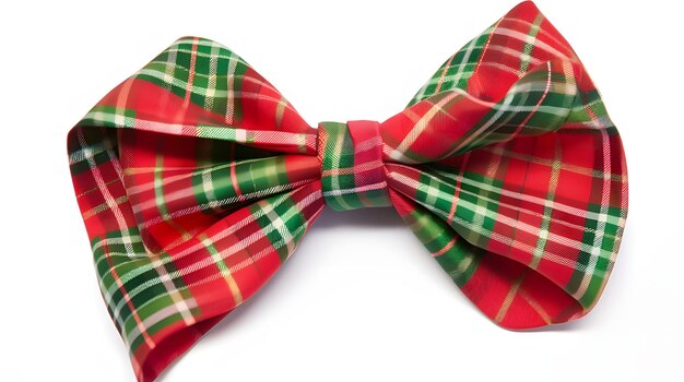 Photo a red and green plaid bow on a solid white background