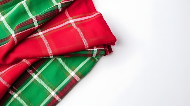 A red and green plaid scarf on a solid white background
