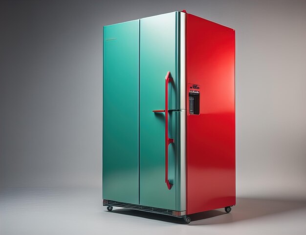 Red and green refrigerator on a gray background generative ai