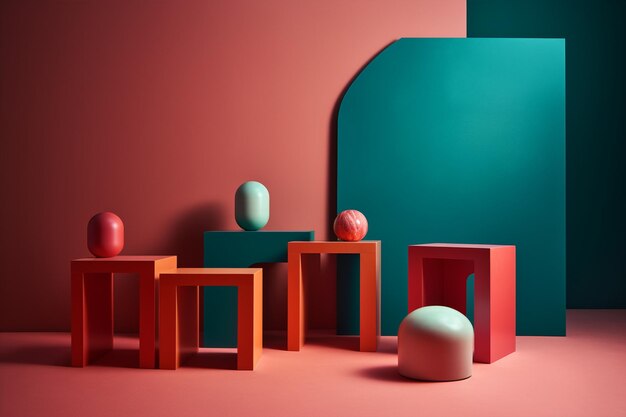 A red and green room with a mirror and colorful objects.