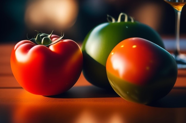 A red and green tomato sits on a table.